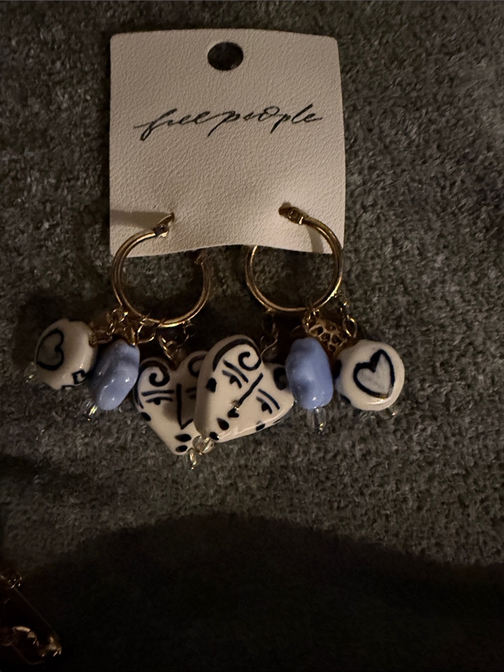 Free People Gold Hoop Earrings with Blue and White Heart & Bead Charms